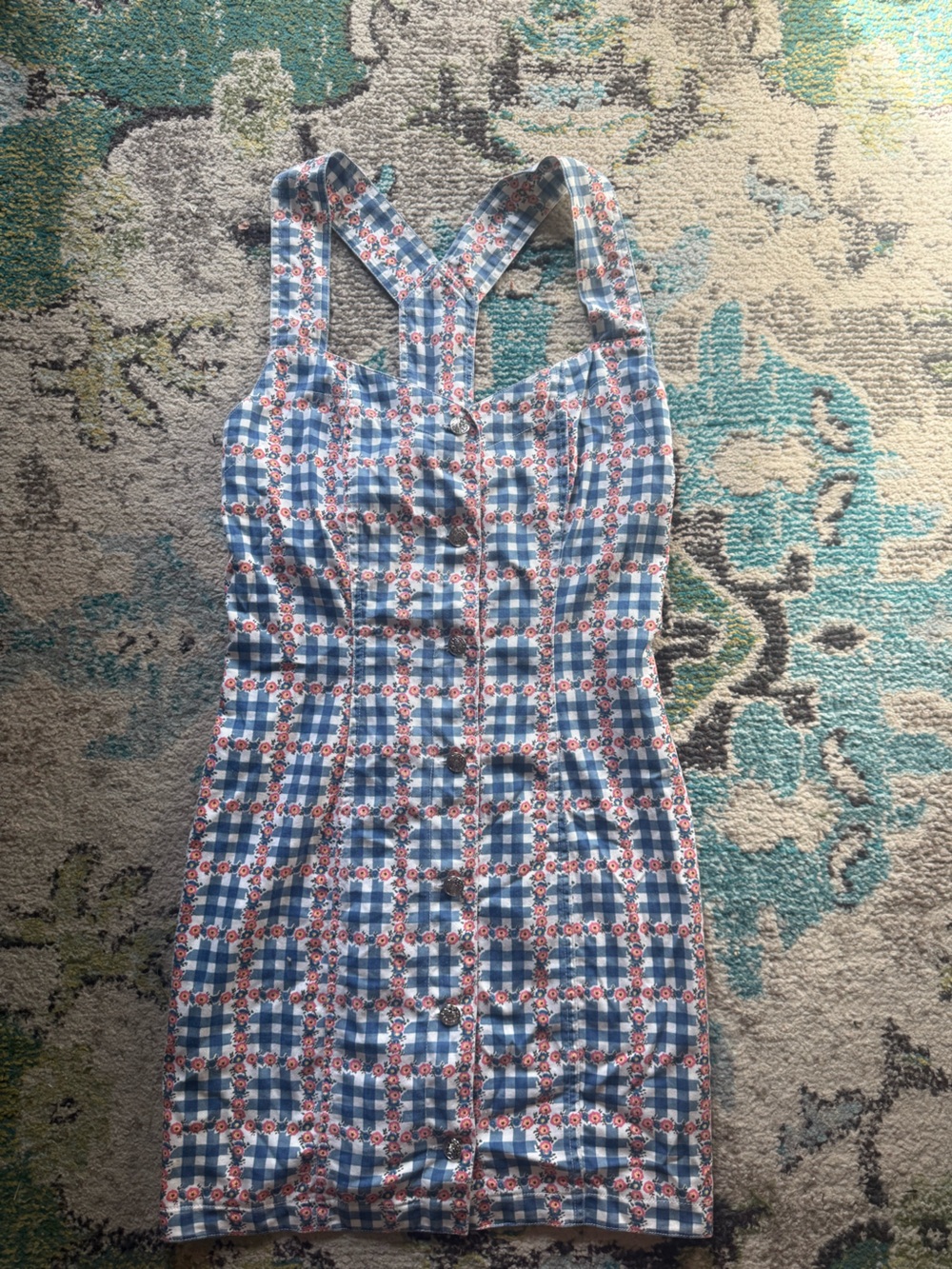 Vintage Stefano Blue Gingham Floral Overall Mini Dress Size 8